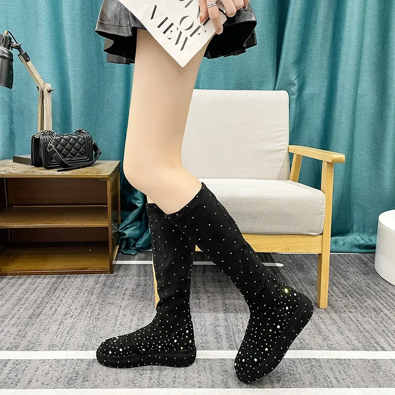

2025 Autumn New Designer Women's Modern Boots Luxury Knee Boots Fashion Diamond Design Black Women's Tall thigh high boots