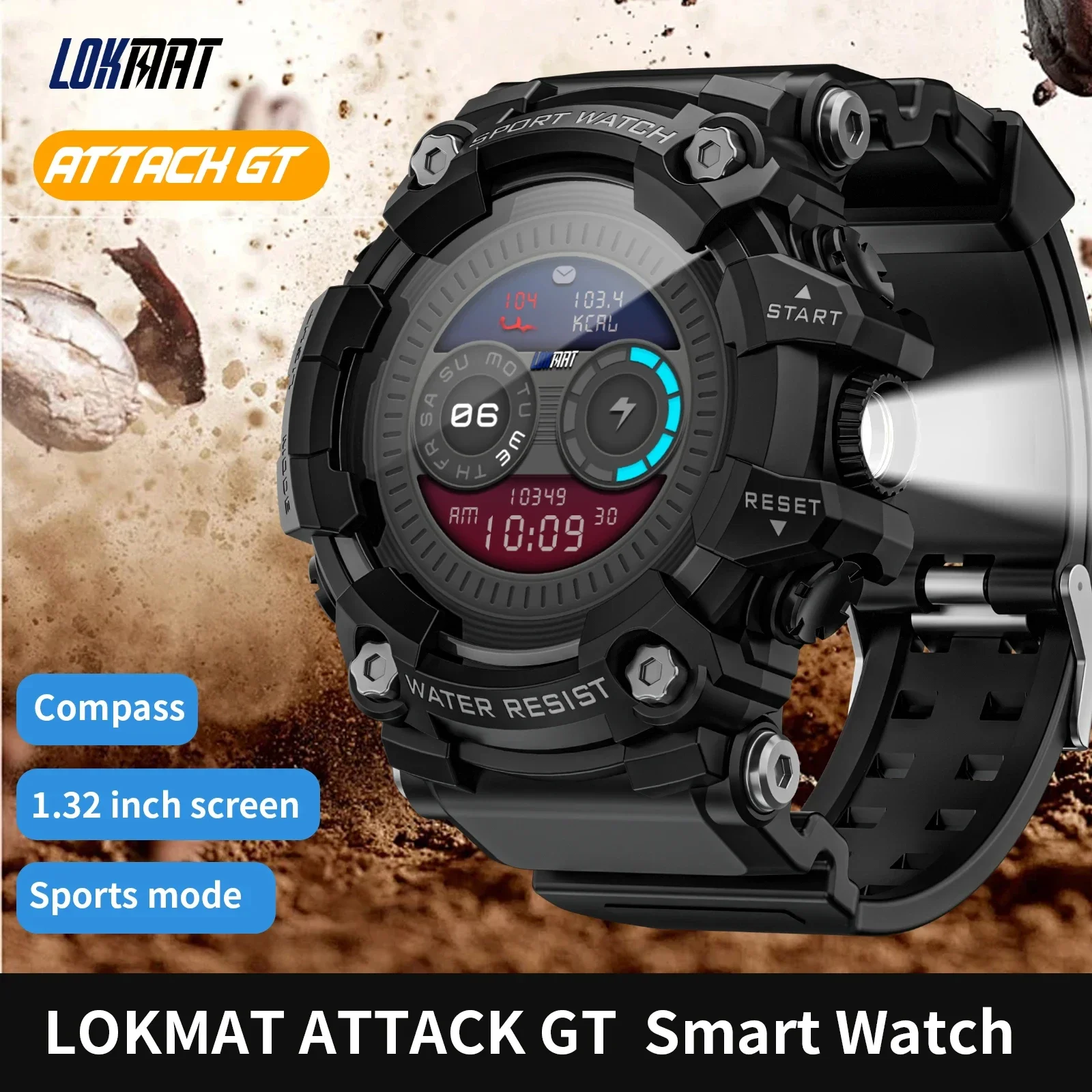 

LOKMAT ATTACK-GT Upgrade Sport Smart Watch Waterproof Bluetooth Calls Rugged Smartwatches Flashlight Fitness Tracker for Phone