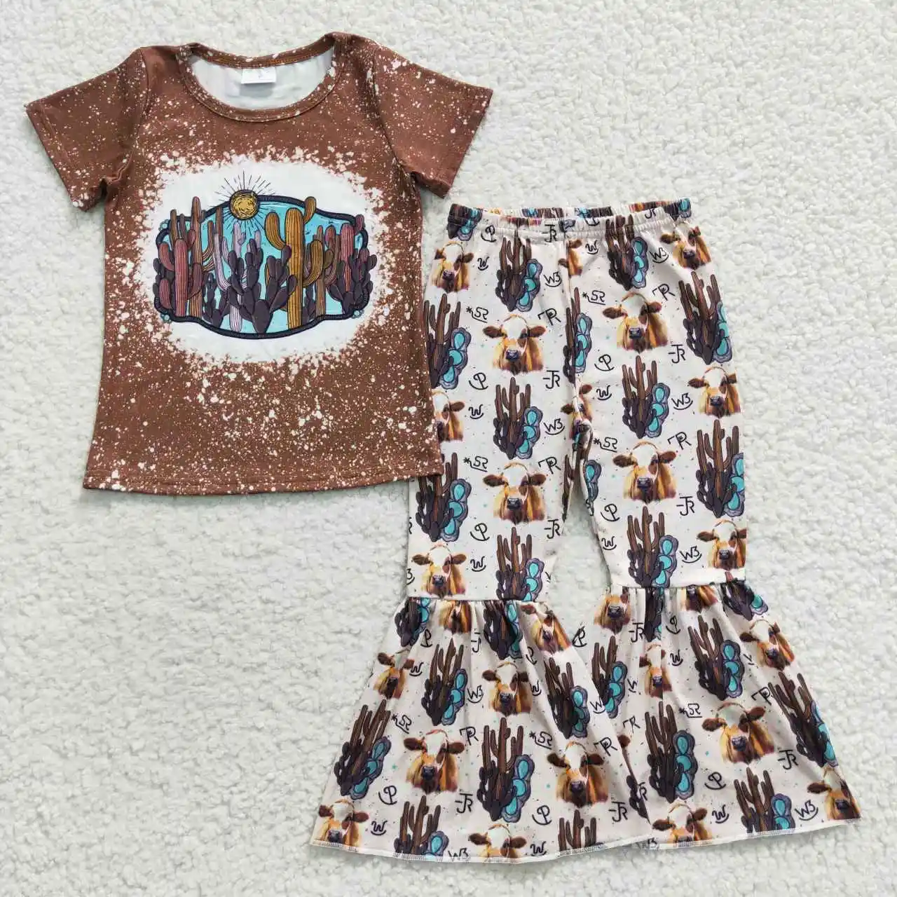 Wholesale Kid Clothing Cactus Bull Head Brown Short Sleeve Pants Set Top Baby Girl Bell Bottoms Outfit GSPO0647