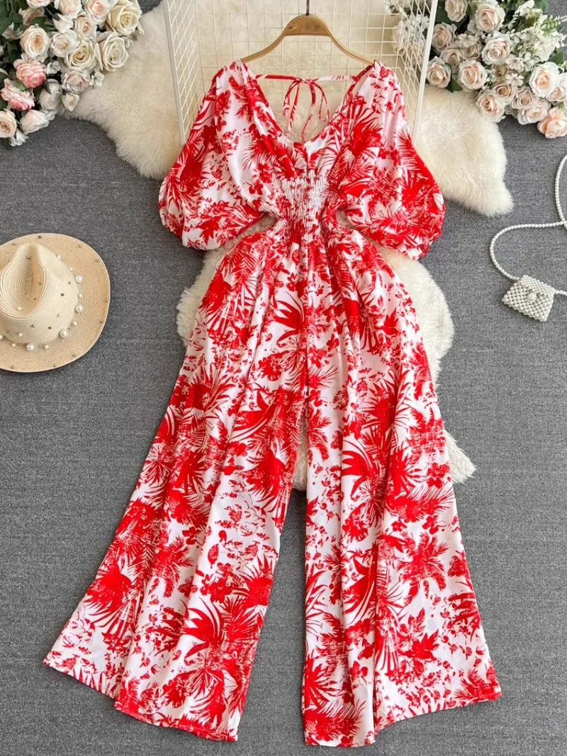 V Neck Flower Print Wide Leg Pant Romper Pleated Slim High Grade Chiffon Jumpsuit Summer Vintage Monos Mujer Elegante Bodysuit