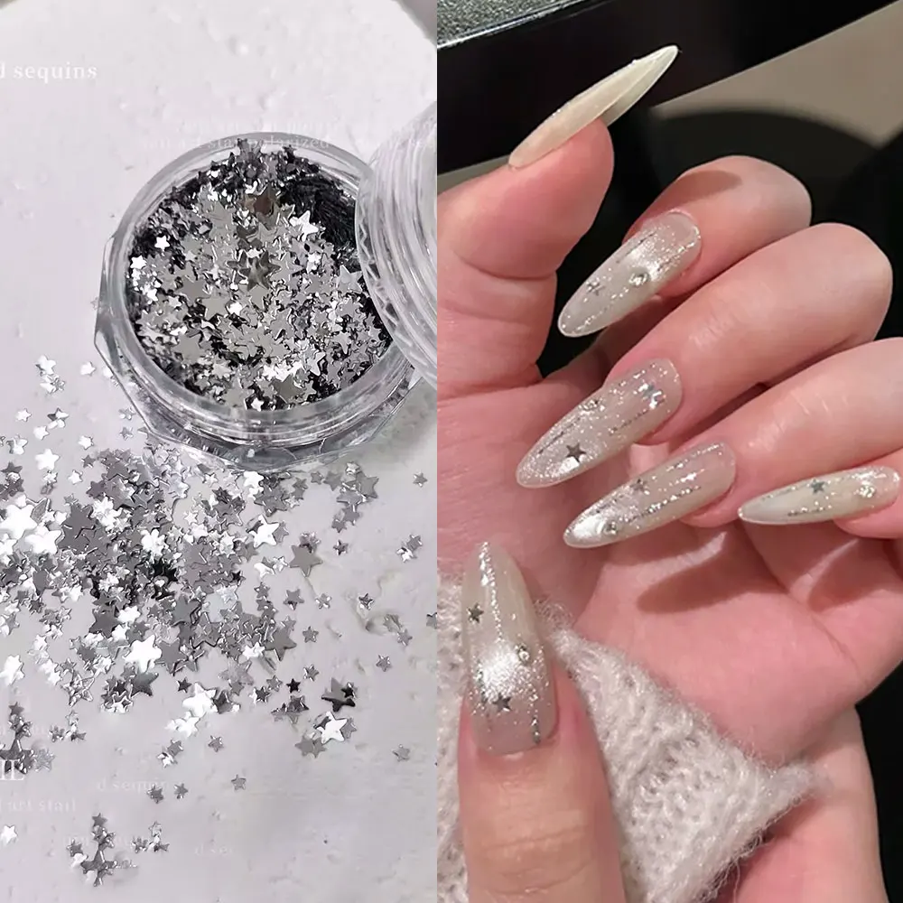 1Jar 1-3mm Sparkling Silver Star Nail Glitter Flakes 3D Metallic Five-pointed Star Nail Sequins DIY Manicure Star Crafts Decor^&