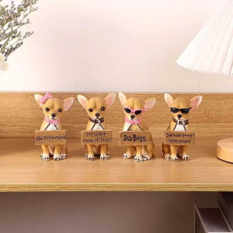 Chihuahua Dog Statue Figurine 10.5cm Hand-Painted Realistic Cute Resin Animal Sculpture Home Desk Shelf Decor Gift for Pet Lover