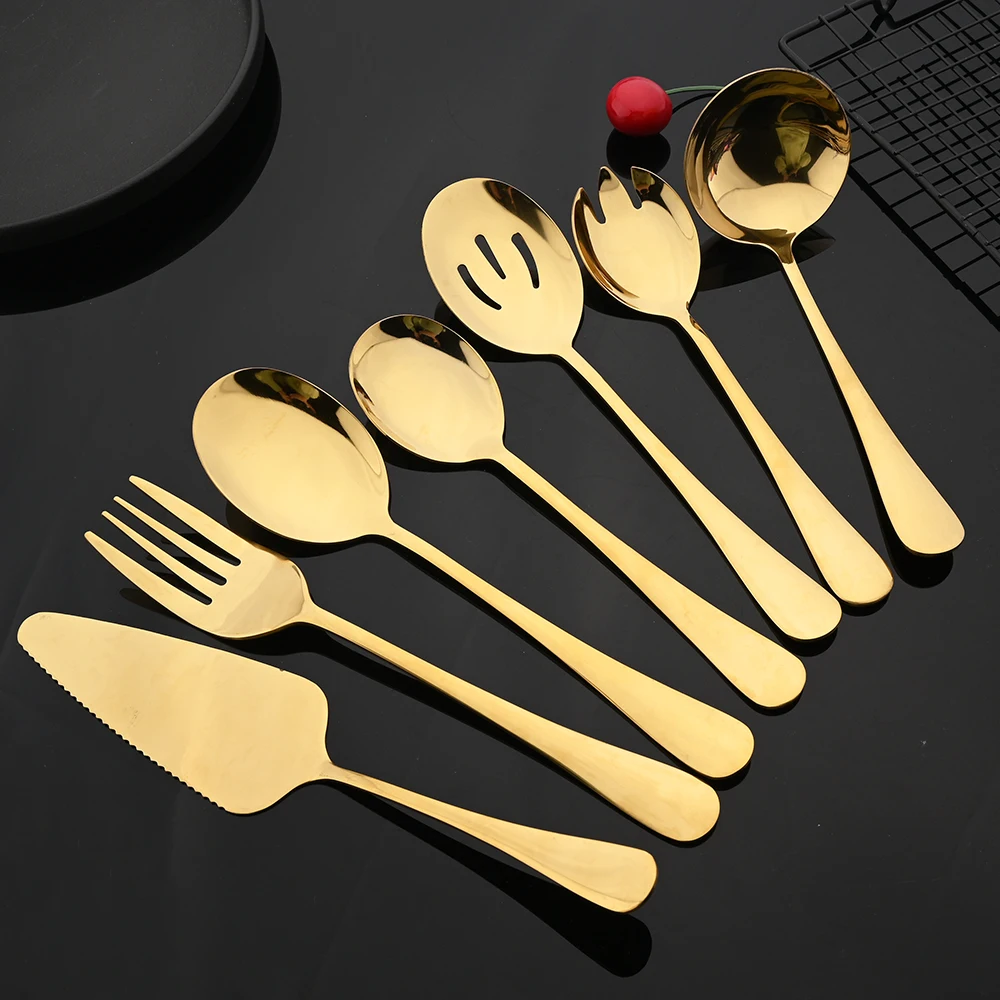 Gold Western Dinnerware Stainless Steel Cake Shovel Serving Fork Spoon Restaurant Public Colander Spoon Salad Fork Tableware