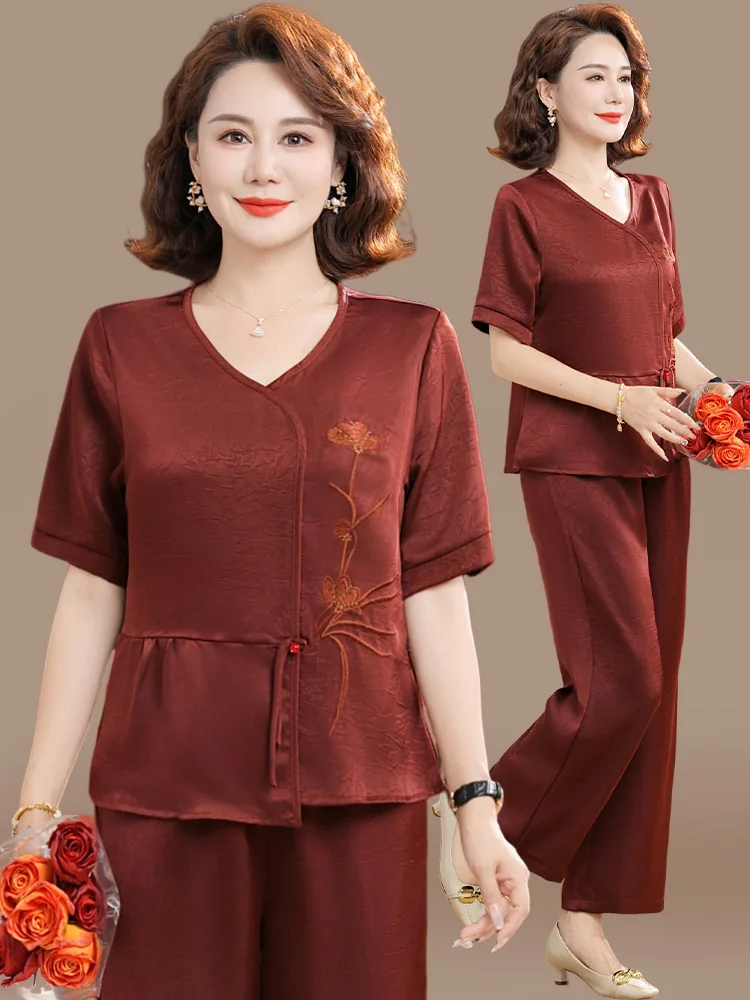 

Новый китайский летний комплект для мамы: модный свободный топ с коротким рукавом и брюки из полиэстера с V-образным вырезом