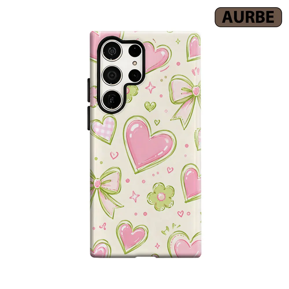 Pastel Heart Bow Doodle Phone Case For Samsung Galaxy S26 S25 S24 S23 Ultra Plus HD Hard Double Layer Film Cover