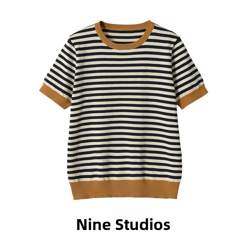 

NINE ZAR Women's Short Sleeve T-shirt Color Block round Neck Striped Casual Knitted Top Loose Fit Summer Fashion Ladies' Wear
