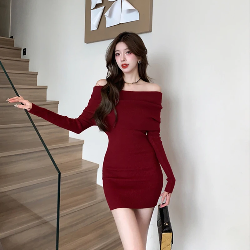 Sexy Slash Neck Mini Dress Women Vintage Elegant Black Wrap Sweater Dresses Winter Korean Red Off Shoulder Bodycon Vestidos New