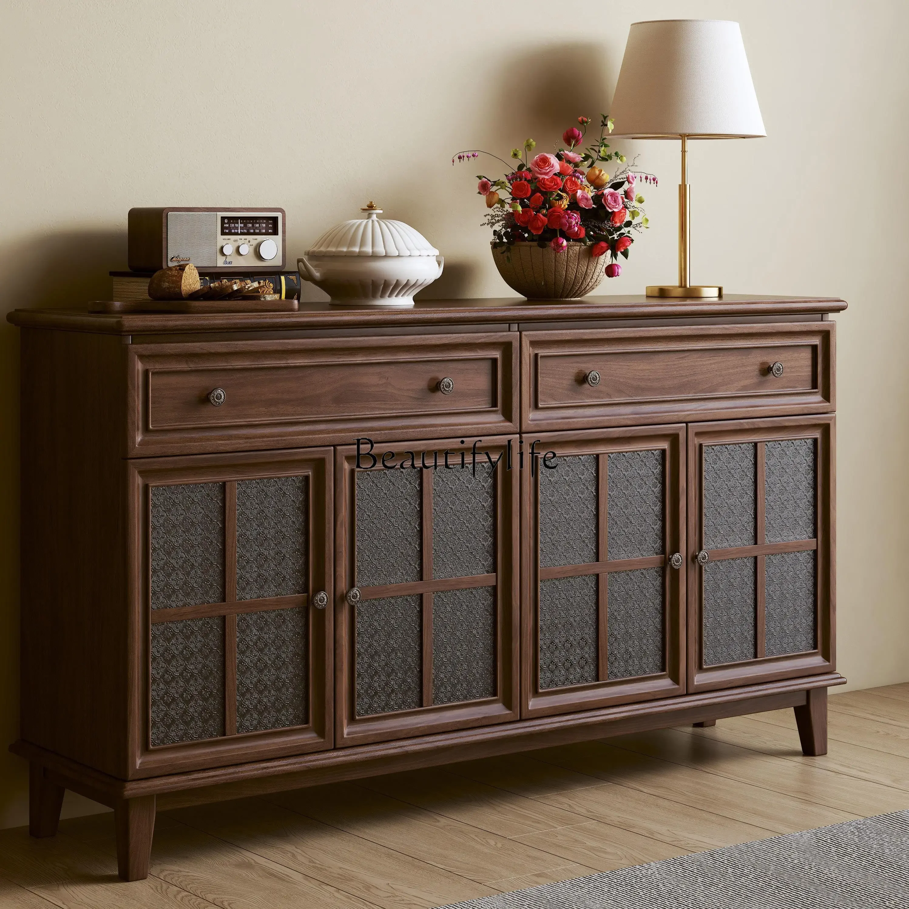 

02 ls 18American all-solid wood dining side cabinet medieval modern simple storage locker black walnut dining room furniture