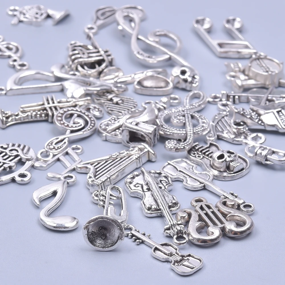 Silver Color Music Note Musical Instrument Mix Charm Bulk DIY Jewelry Making Supplies Guitar Pendant Handmade Materials Findings