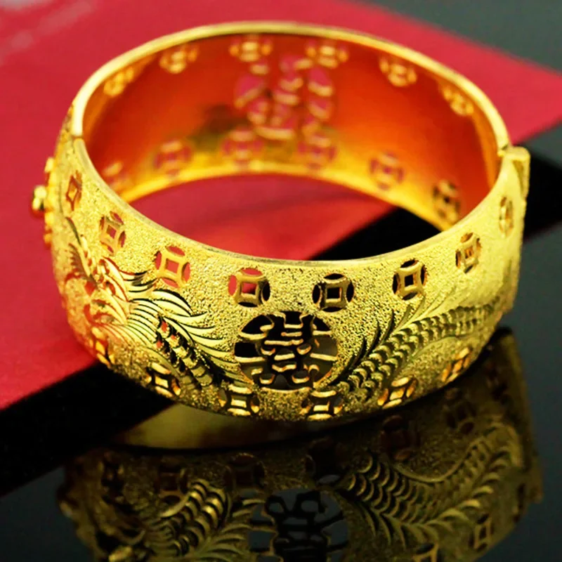 Pure Gold Coating 24k Bangles With Dragon Phoenix Carved Bracelet For Women Bride Wedding Anniversary Jewelry Pulseira