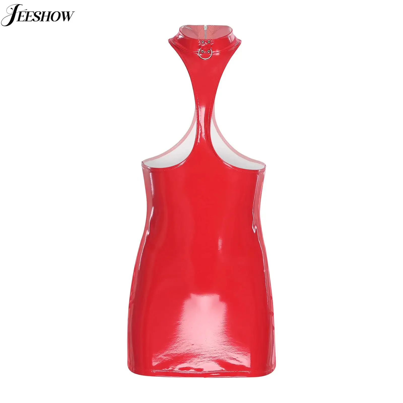 Dames sexy lakleer uitgesneden mini-jurk mouwloos met borst kont uitgehold bodycon micro-jurk wetlook clubjurken