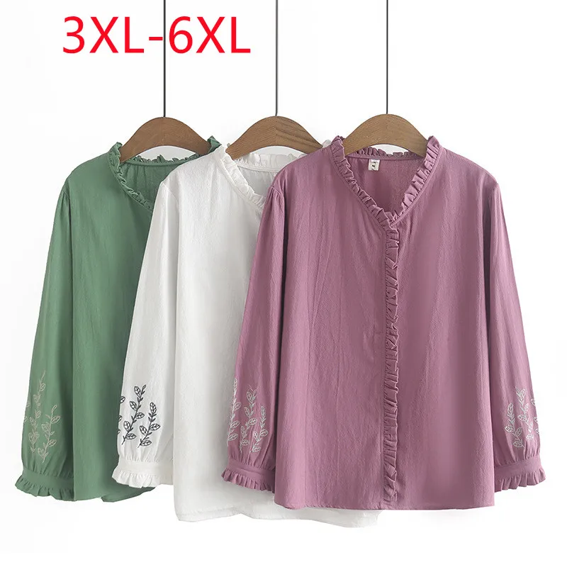 

New 2023 Ladies Spring Summer Plus Size Tops For Women Large Size Long Sleeve O-neck Green Shirt 3XL 4XL 5XL 6XL