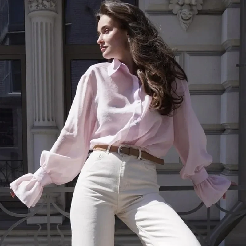 Camisas transparentes holgadas informales para mujer, blusa de retazos de manga larga con solapa de otoño, ropa de calle, camisas sólidas para mujer, Top