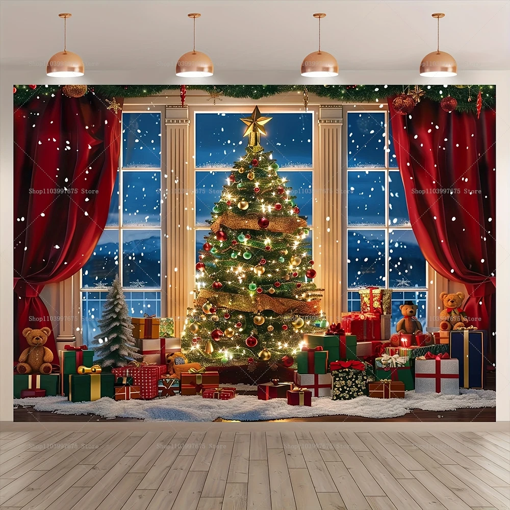 Christmas Backdrop Xmas Tree and Moon Night Windows Photography Background Winter Holiday Parties Portrait Banner Photo Studio