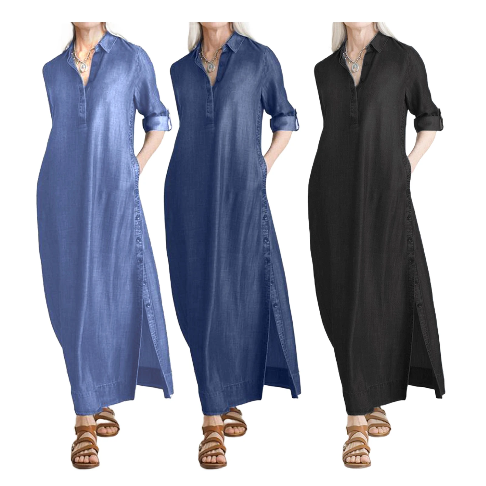 Damen-Maxikleid aus Denim, lässig, aufrollbare Ärmel, geteiltes Kleid mit Taschen, Übergröße, geknöpftes Revers, V-Ausschnitt, langes Kleid