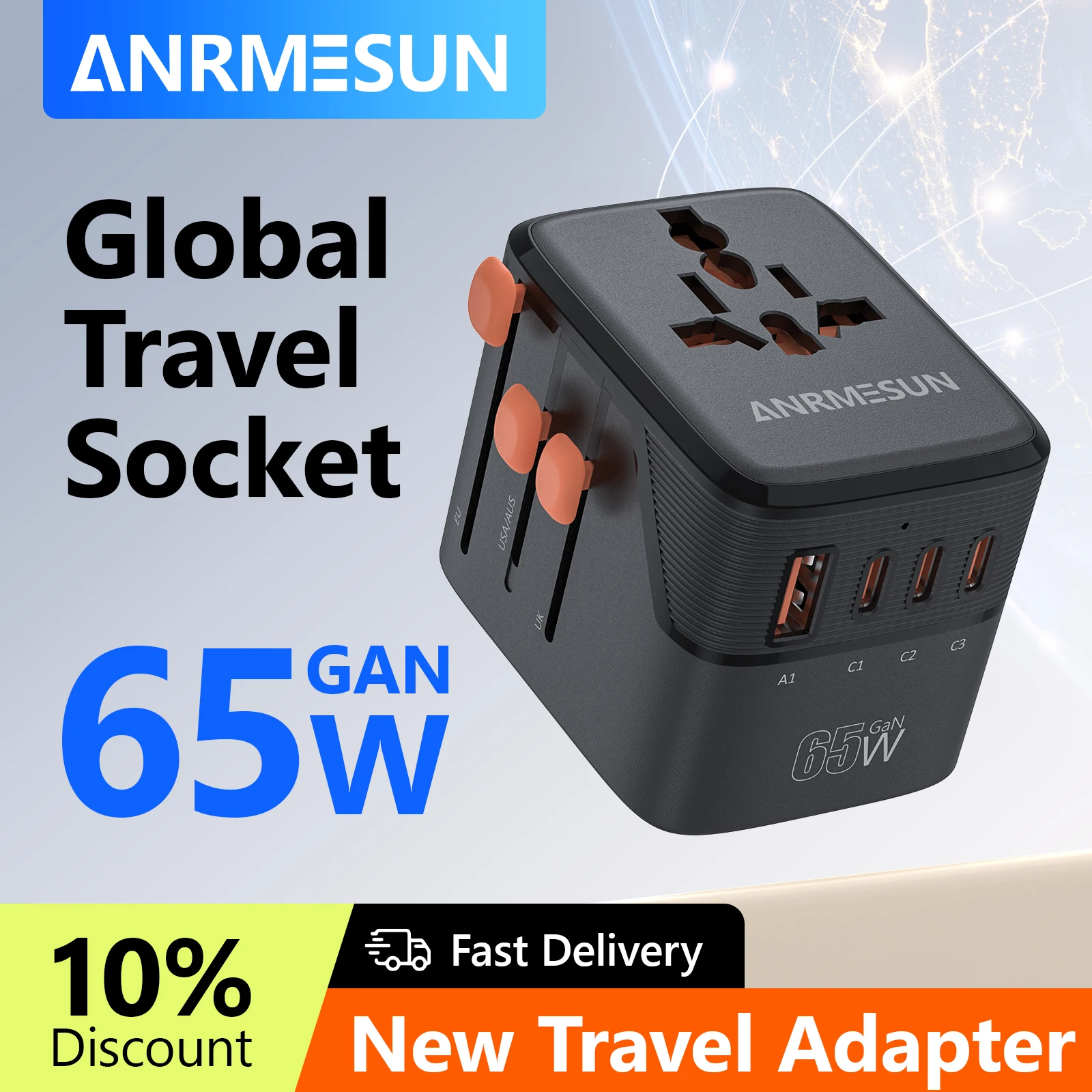 

Global Universal Conversion Travel Plug 2 Type-C Sockets EU US AC Power Travel Adapter PD 65w 45w 25w Travel Plug Fast Charging