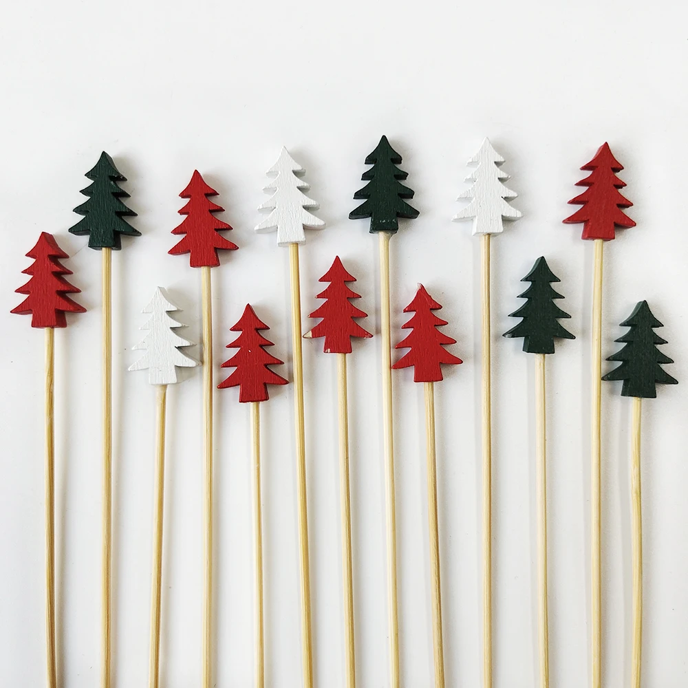 100Pcs Christmas Disposable Bamboo Skewers Santa Xmax Tree Fruit Fork Buffet Dessert Cocktail Sticks Christmas Decoration 2024