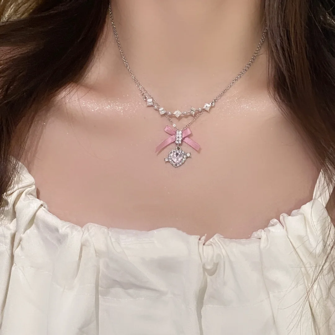

DUTRIEUX Pink Bow Love Heart Necklace Ladies Fashion Sparkling Rhinestone Star Shape Pendant Clavicle Chain Delicate Wedding Gif