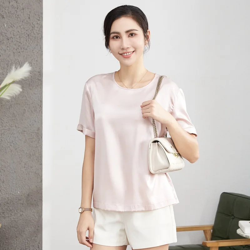 Birdsky, Summer 1PC Women short sleeve Tee T shirts office lady blouses Top 95% mulberry silk 5% spandex solid colors. S-347