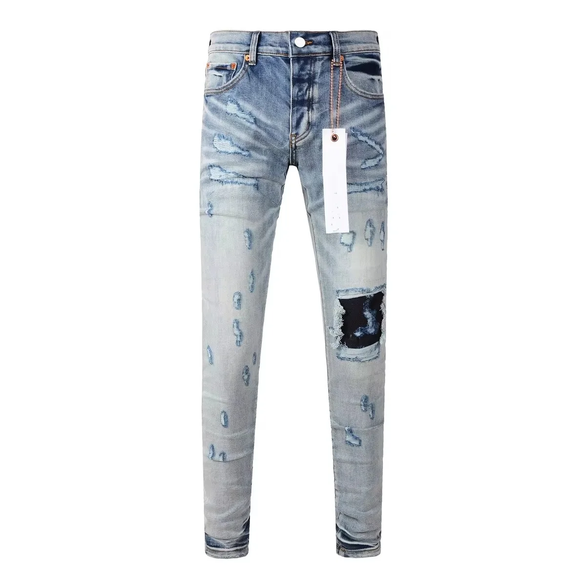 Nuovi Jeans purple di alta qualità da uomo High Street Blue Hole Patch colore chiaro riparazione pantaloni di marca Denim attillati rialzati bassi