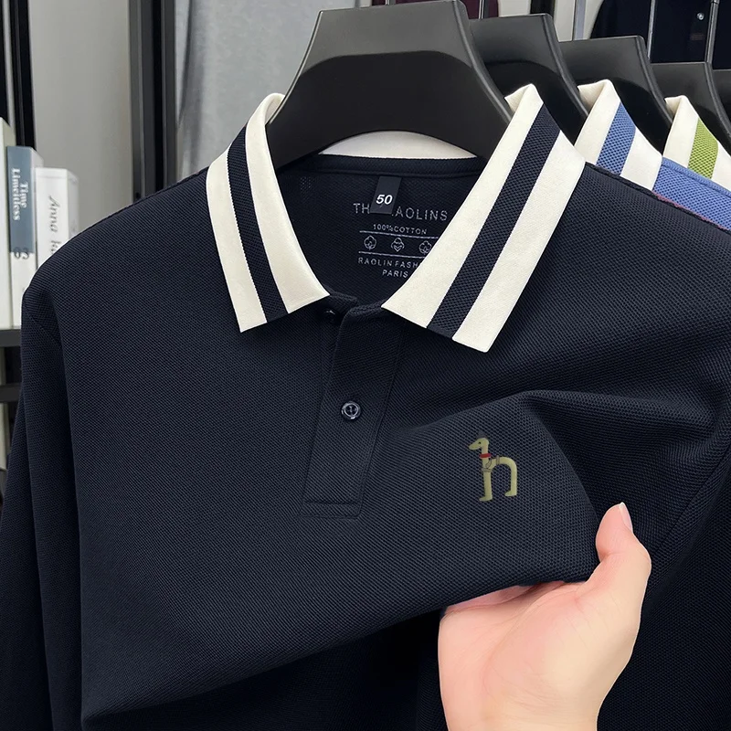 

100Cotton Premium Quality Men's Polo Shirt Striped Collar Dog Print Long Sleeves Autumn Comfort Lapel T-Shirt Business Menswear