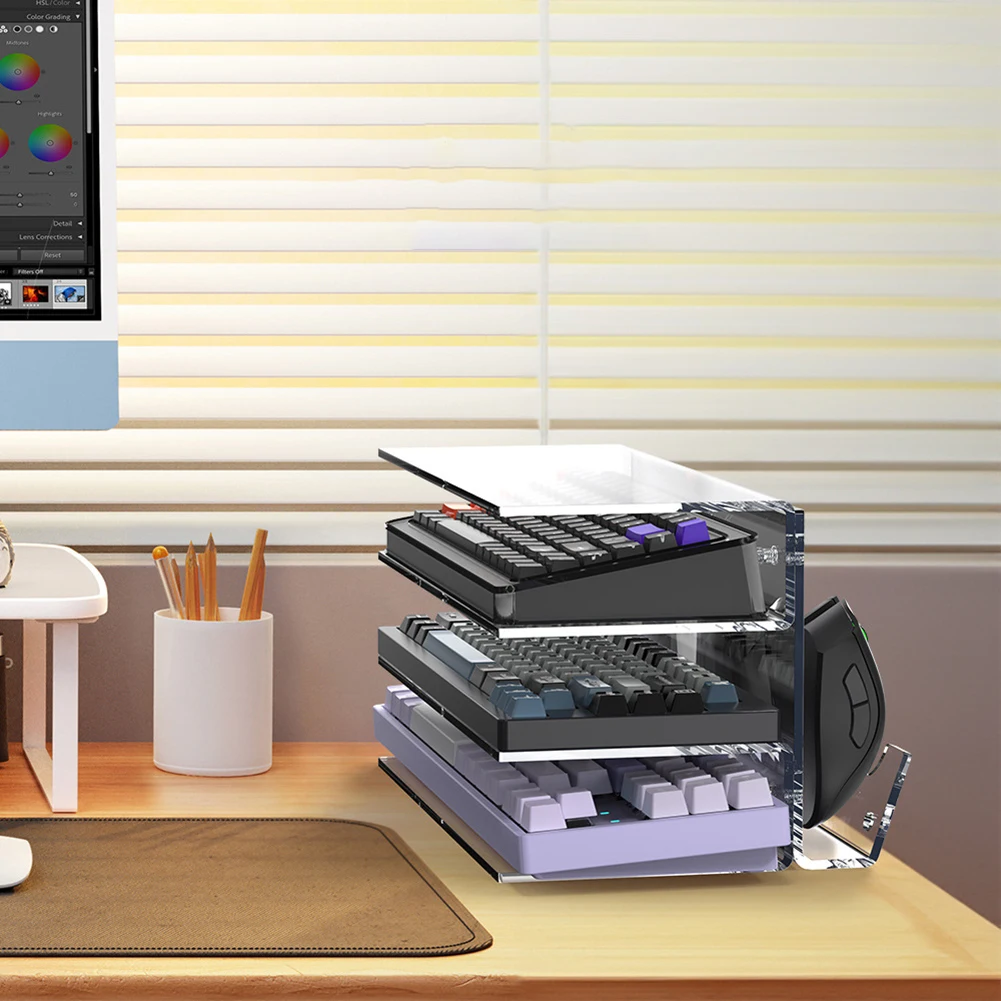 Rack de armazenamento de teclado e mouse acrílico, teclado de 3 camadas, organizador de mesa, prateleira de teclado para casa e escritório