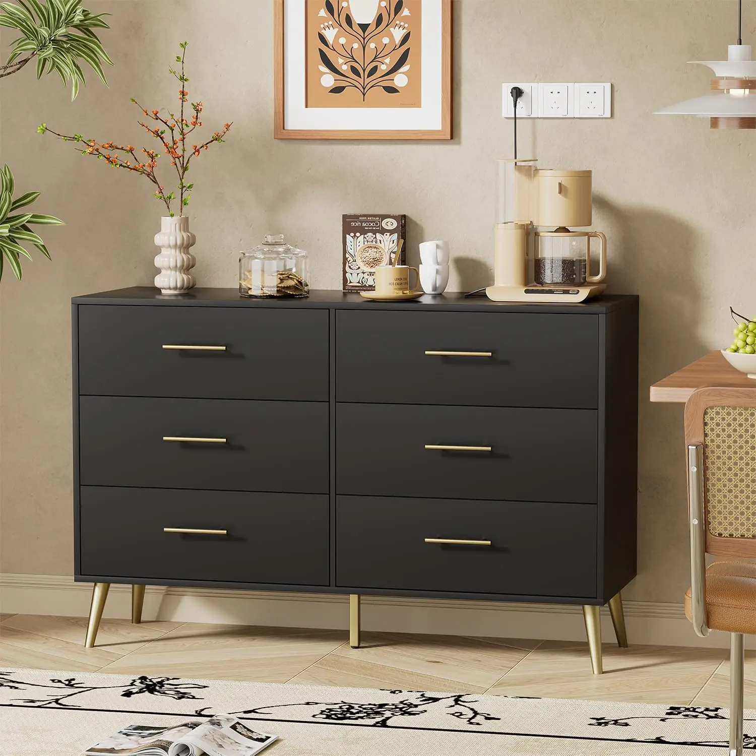 Black Dresser for Bedroom, 6 Drawer Dresser with Wide Drawers and Gold Metal Handles, Modern Dressers & Chests of Drawers, Wood