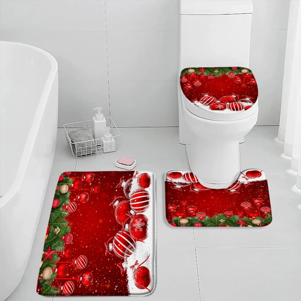 

Red Christmas Bath Mat Set Green Pine Branch Xmas Balls Snowflakes Winter New Year Home Bathroom Decor Non Slip Rug Toilet Cover