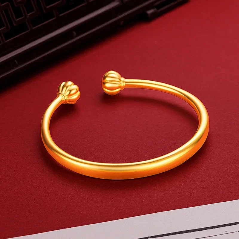 

New 9999 Real Gold 24K Yellow Boutique Pumpkin Bead Opening Bracelet Ancient Women's Temperament Jewelry