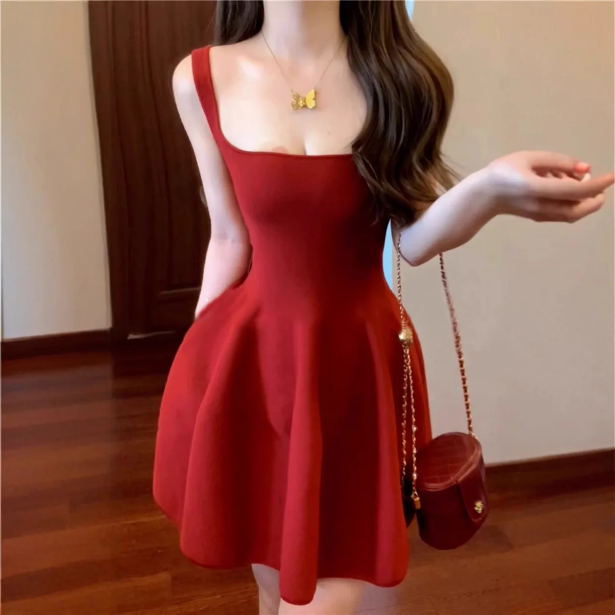 2025 Red Suspender Skirt Summer New Ballet Style Square Neck Halter Waist Thin Ice Silk Short Skirt Tutu Skirt Women