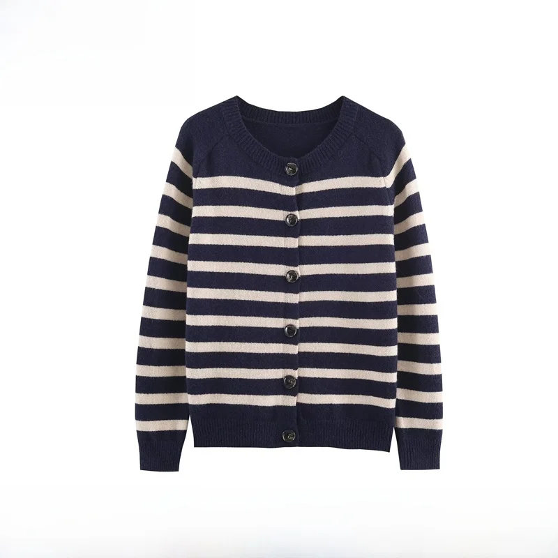 

EVEA Autumn Winter Long Sve Striped Knitted Outerwear for Women Faionable Polyester Fiber Open Cardigan round Ne Button