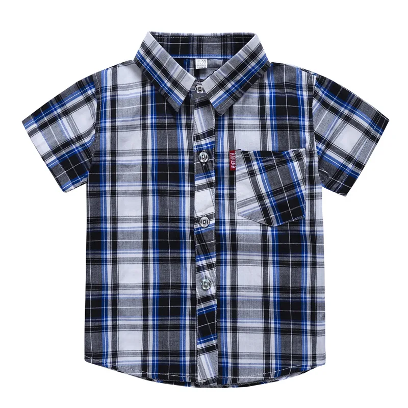 Camisa xadrez de manga curta infantil, camisas finas para menino, blusas de algodão infantil, tops casuais, camisetas de 3 a 8 anos, roupas de