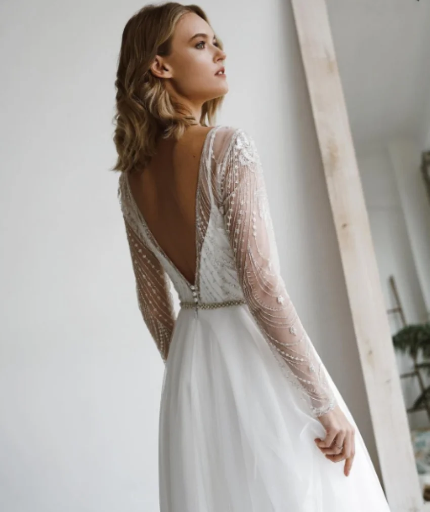 Long Sleeves Beading Sashes Backless Appliques Party Gown Robe De Mariee Mid Calf A Line Elegant Short Wedding Dress 2024