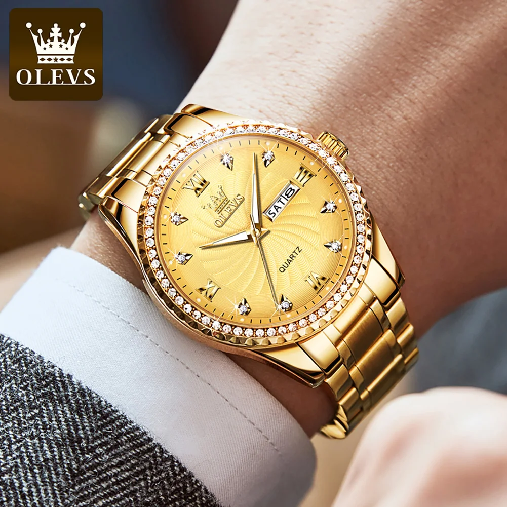 OLEVS 5565 Diamond Lap Quartz Watches for Men Golden Stainless Steel Waterproof Dual Calendar Men\'s Wrist Clock Luxury Man Watch