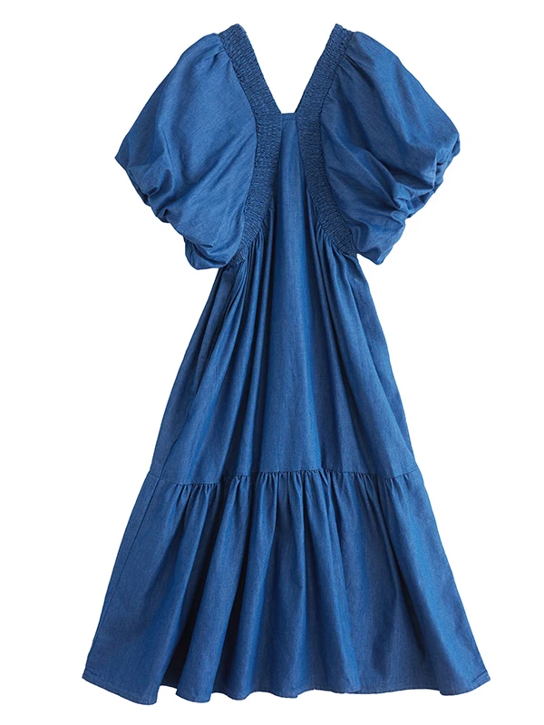 Vestido longo jeans estilo Hepburn da moda com mangas bufantes, decote em V, cintura solta, manga curta, peça única, novidade...