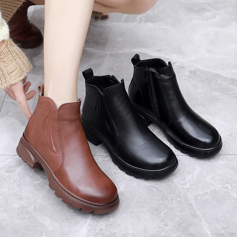 Koznoy 3,5 cm echtes Leder Stiefeletten Schornstein Frühling gut sitzende Frauen Herbst ethnischen Chelsea Stiefel britische Mode Schuhe