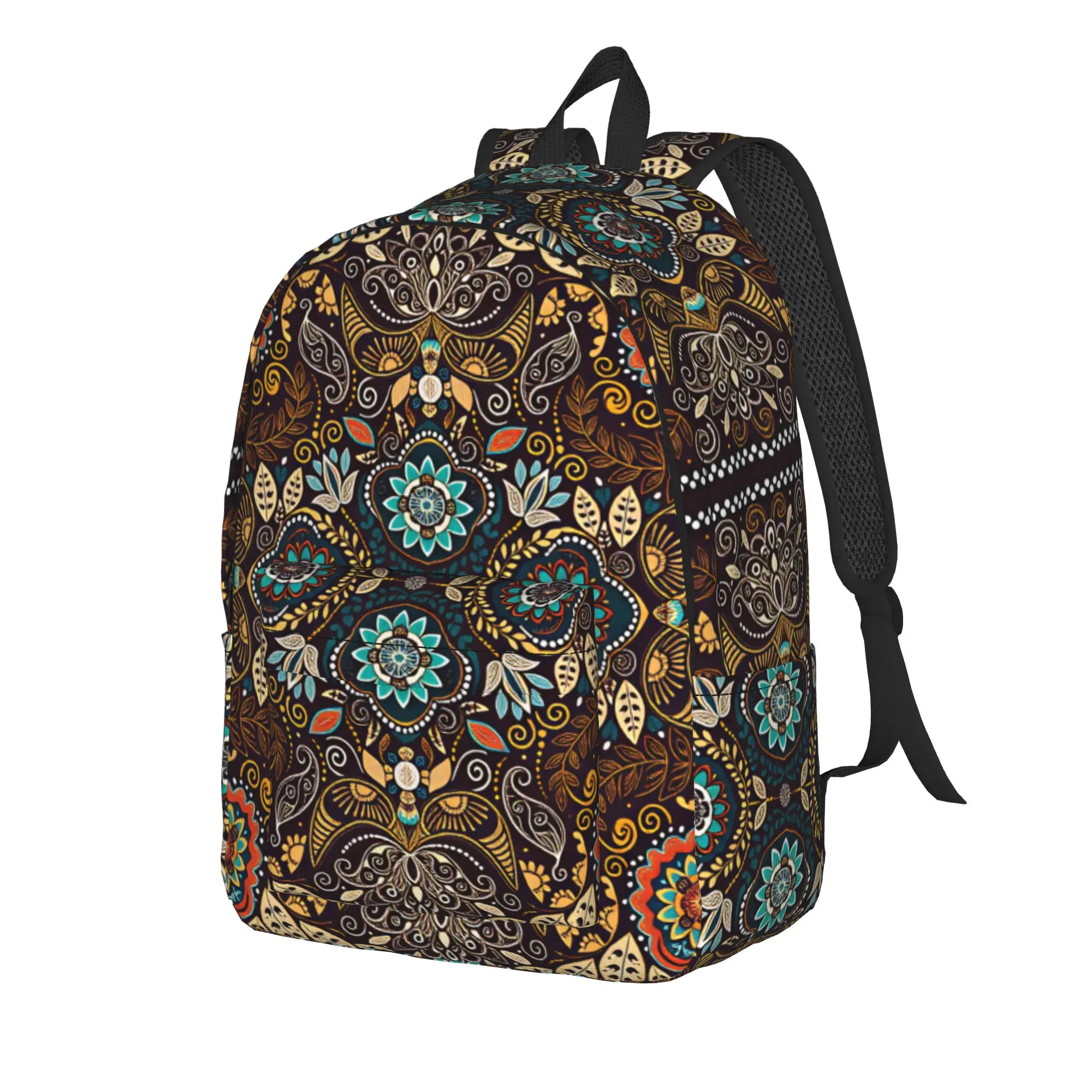 Dark Brown Colorful Floral Mandala Backpack Girl  Big Backpacks Polyester Leisure School Bags Hiking Custom Rucksack