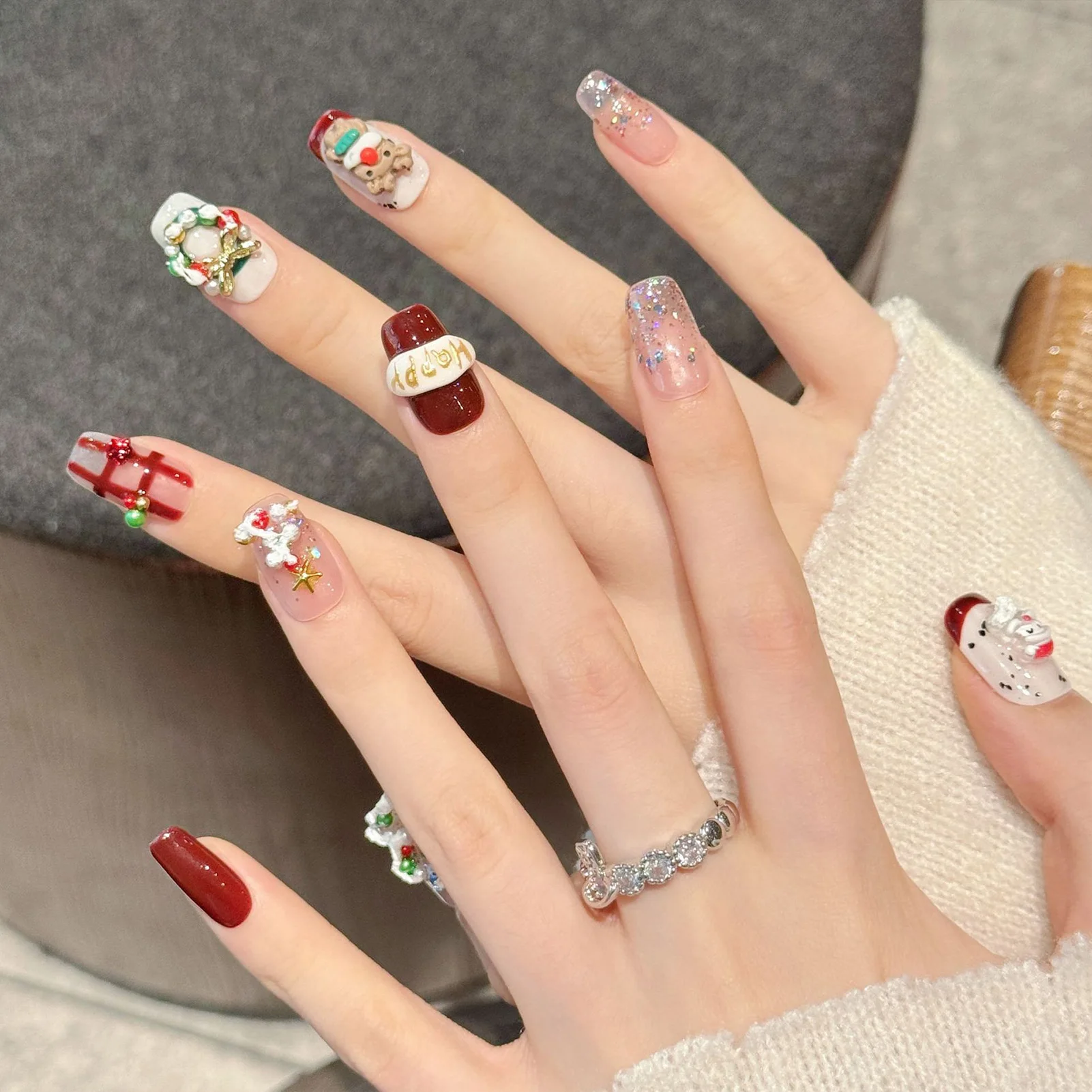 10 pçs curto artesanal natal imprensa em unhas glitter bowknot design unhas falsas wearable ins olho de gato unhas falsas dicas francesas