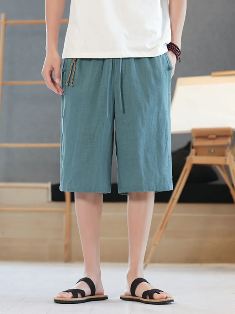 

Новый китайский льняной комплект шорт для мужчин: летние повседневные брюки-капри свободного кроя, прямые, дышащие, из тонкой хлопковой смеси