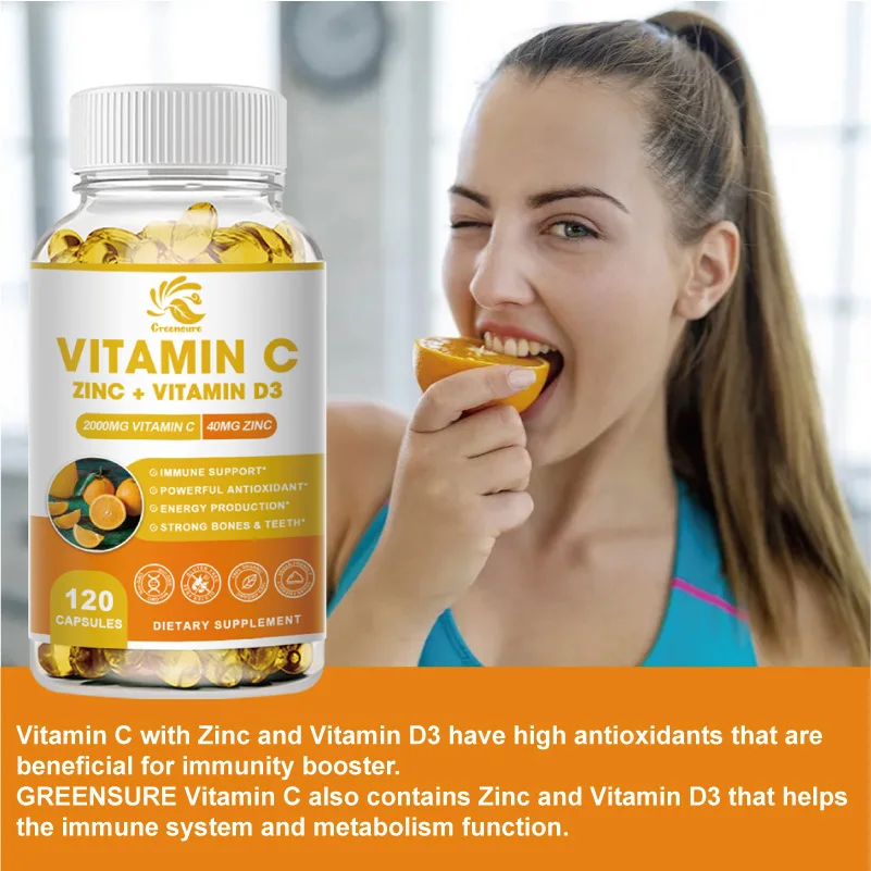 Greensure Supplements Zinc 40mg, Vitamin C 2000mg, and Vitamin D3 5000 IU (125mcg) Per Serving - 60/120 Capsules