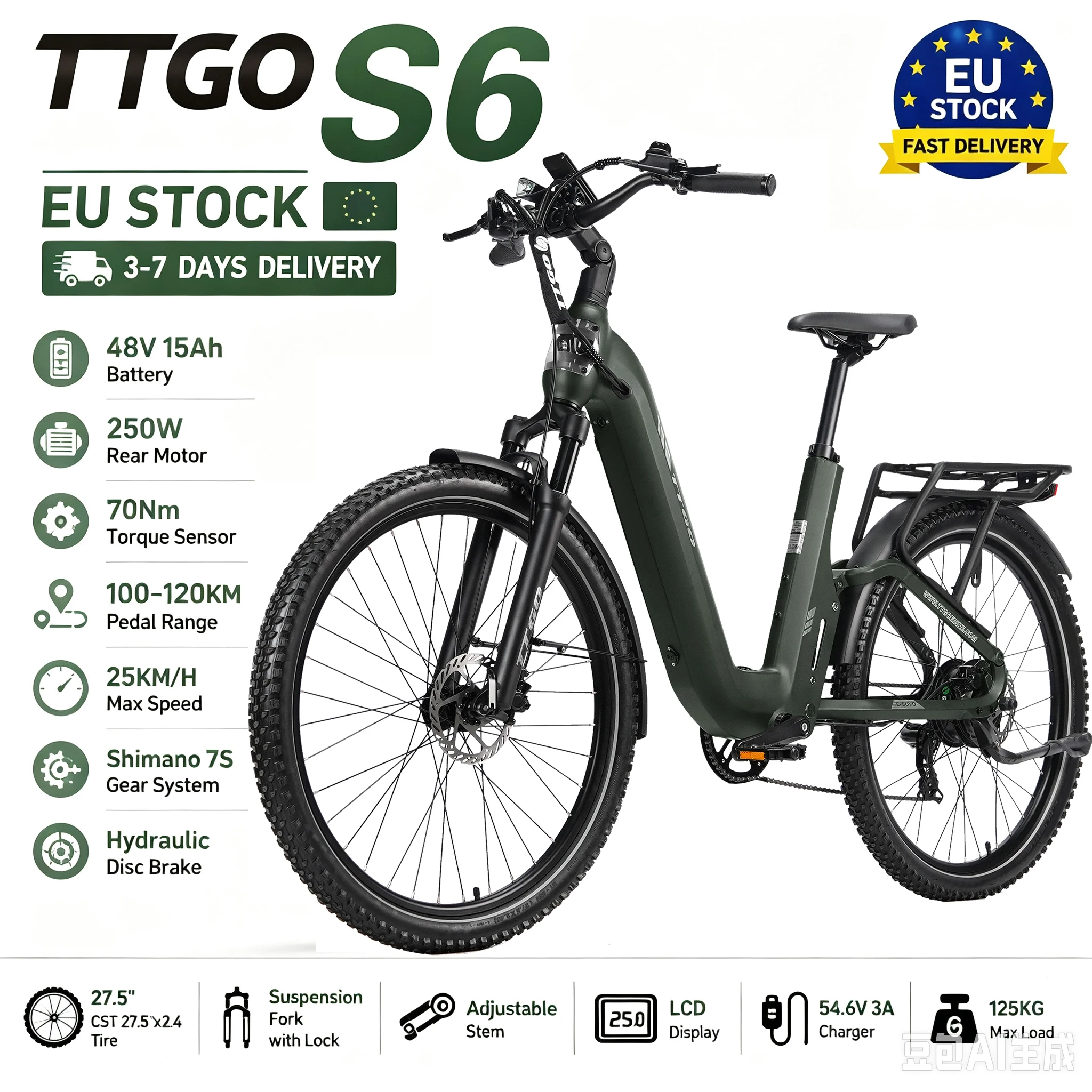 Elektrofahrrad für Erwachsene, City, 27,5" Federung, 48V15AH Akku, Drehmomentsensor 70NM, Hydraulische Bremsen, CD-Display, E-Bike für Herren
