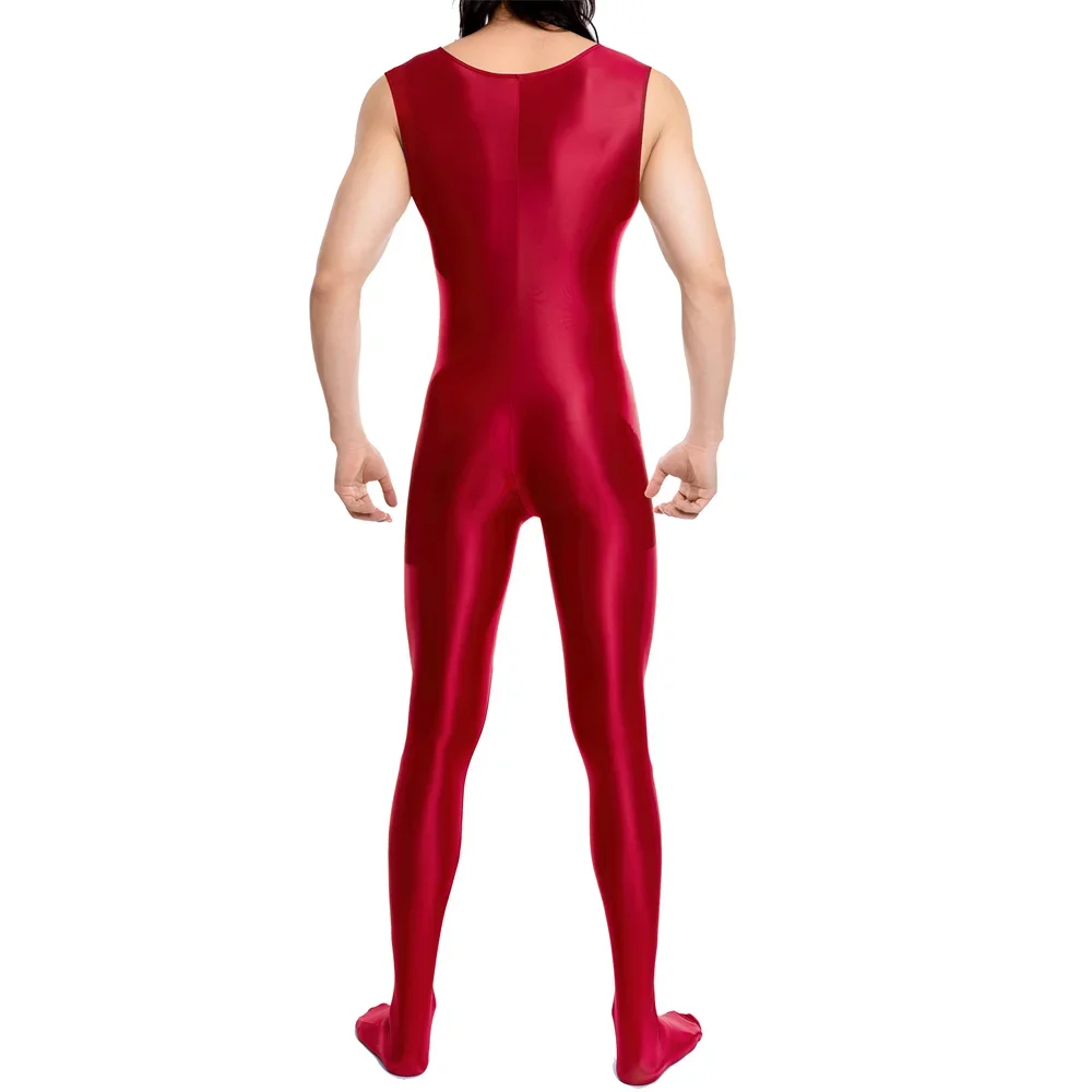 Solid Color Glossy Men's Sleeveless Jumpsuit Ultra-thin Perspective Erotic Gay Men's Rompers Elastic Tight Sportswear Bodysuits