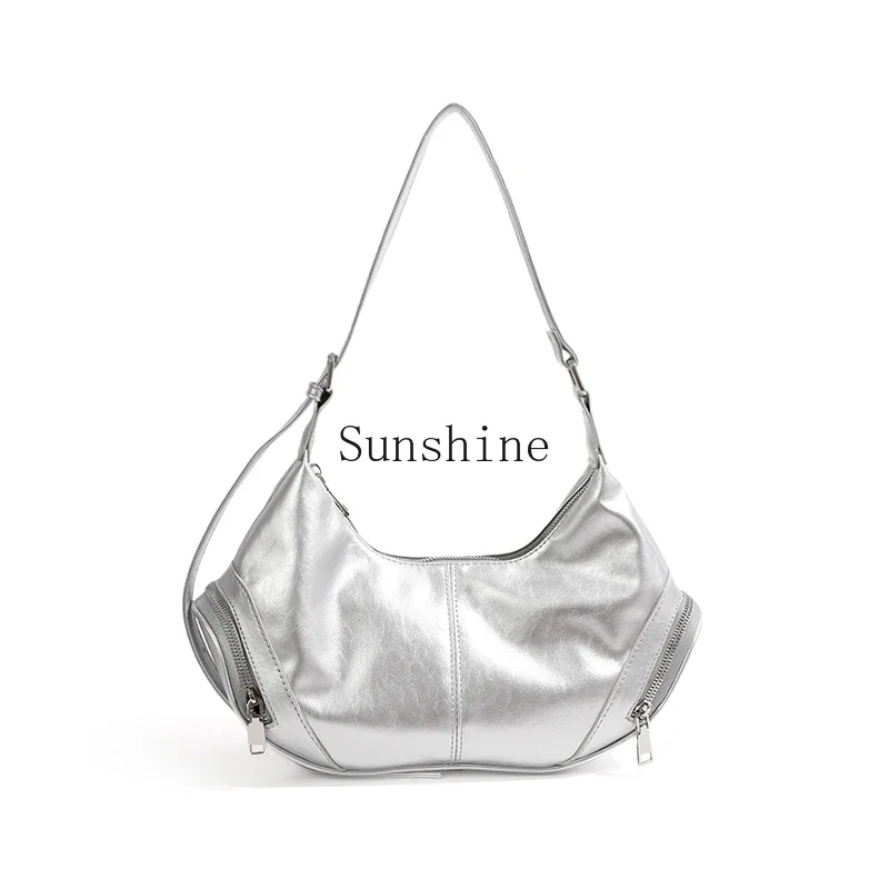 

Premium sense silver underarm bag splicing crescent moon girl messenger bag