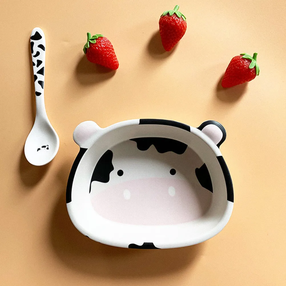 Cow-Shaped Kids Food Bowl, Lightweight Flat-Bottom Milk Cattle Fiber Serving Bowl for Breakfast & Dinner