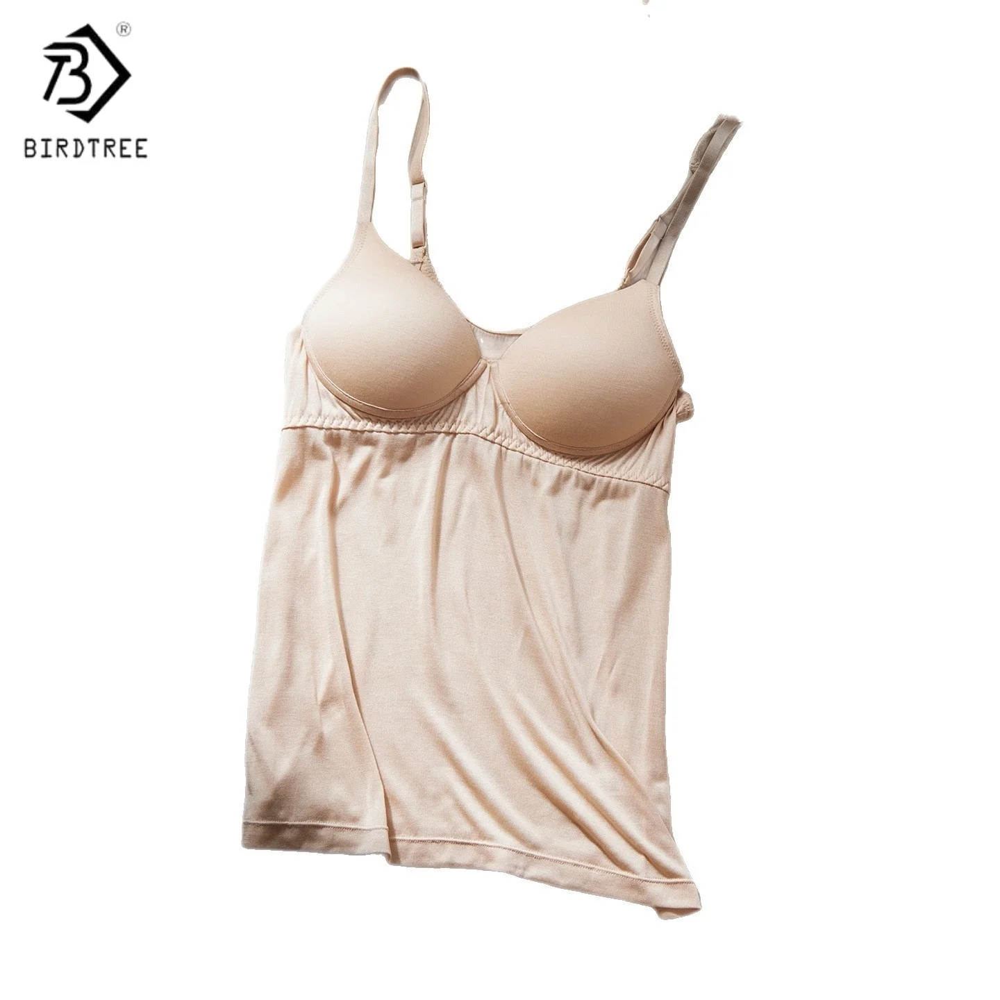 

Birdtree, новый жилет из 100% шелка, женские вязаные сексуальные топы на бретелях с подушкой на груди, беспроводной бюстгальтер, новинка 2025 года T5D708JF