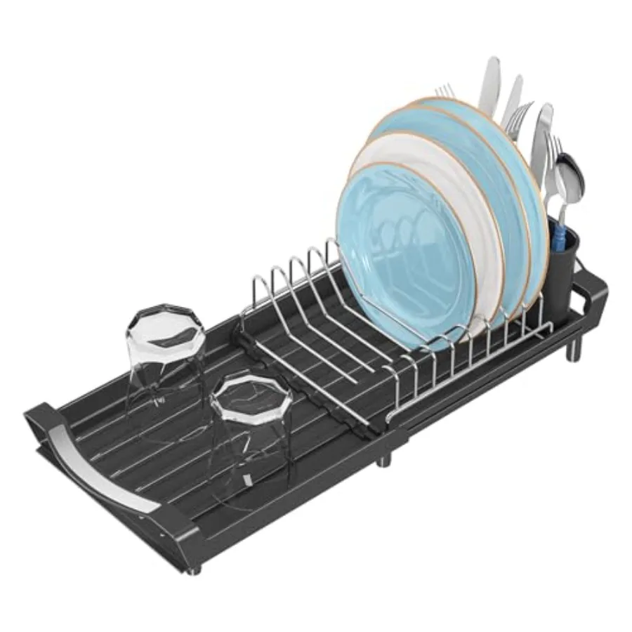 

Small Expandable Dish Drying Rack Stainless Steel Compact Dish Drainer with Removable Cutlery Holder Automatic Drainage for Sin