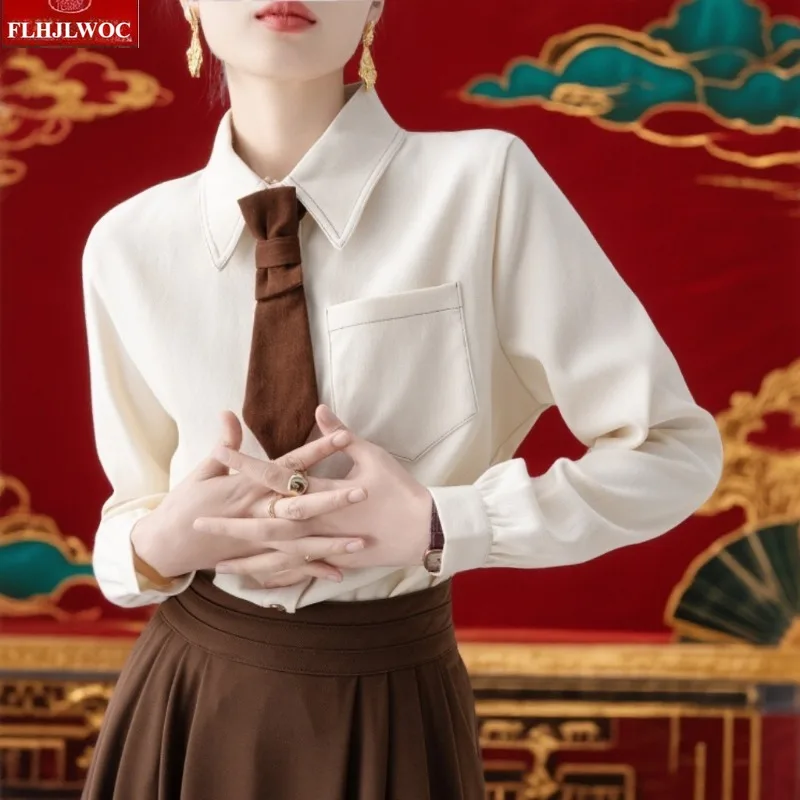 

Топы с галстуком, блузки, новая мода, дизайн FLHJLWOC, женские 2026, весенние офисные женские базовые рубашки на пуговицах, белые рубашки с галстуком-бабочкой