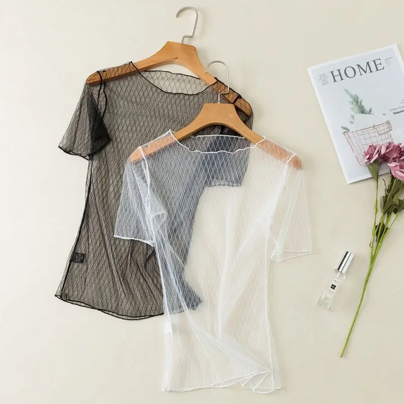Sexy Y2K Women T-shirt Tulle Short-Sleeve Mesh See-Through Top Lace Blouse Lightweight Summer Layer for Under or Over T-Shirts