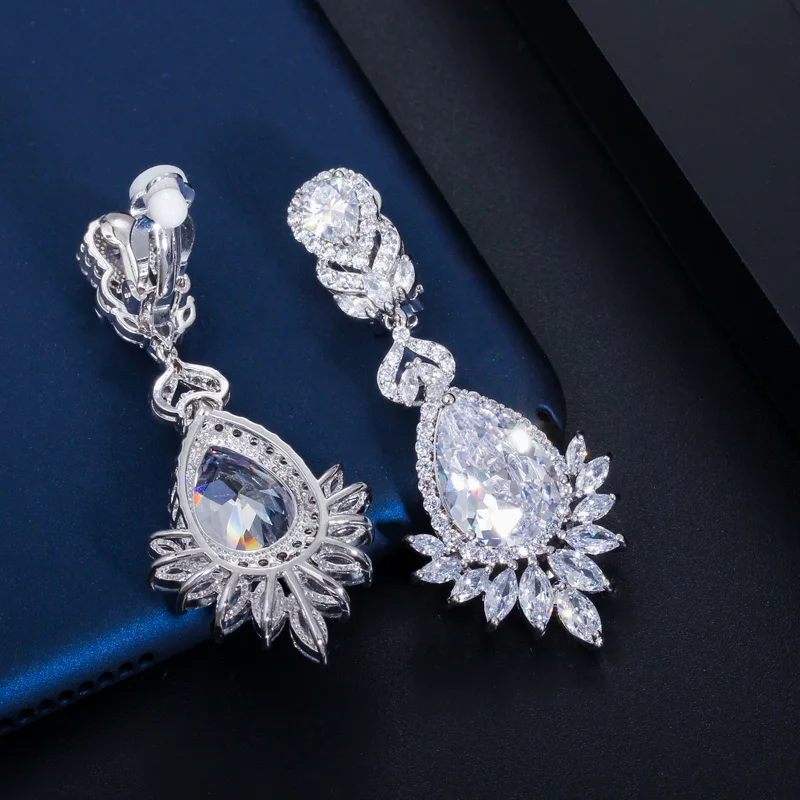 ThreeGraces Non Pierced Gorgeous Cubic Zirconia Water Drop Shape Women Long Clip On Earrings for No Pierced Hole Ears EJ47