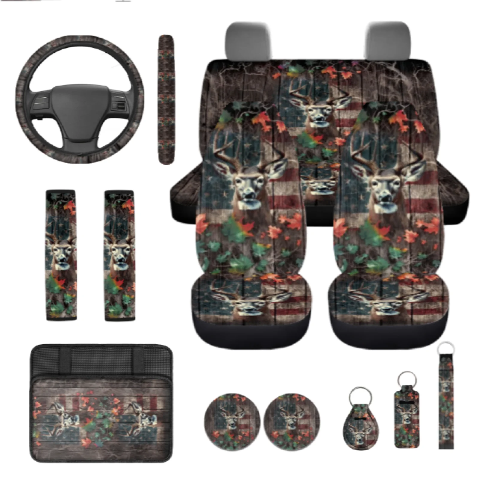 Coloranimal Deer Set of 13 Car Seat Cover Set with Comfortable Car Cup Holder Coaster and Key Chain for Auto Interior